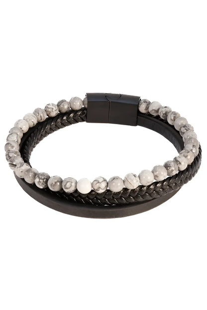 Dandyish fancy bracelet black braided leather with magnetic clasp and alternating gray marbled stone beads