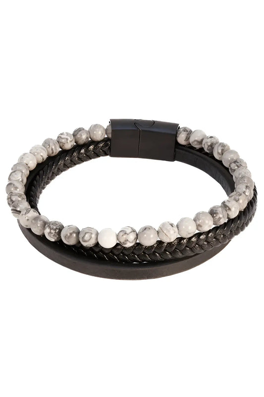 Dandyish fancy bracelet black braided leather with magnetic clasp and alternating gray marbled stone beads