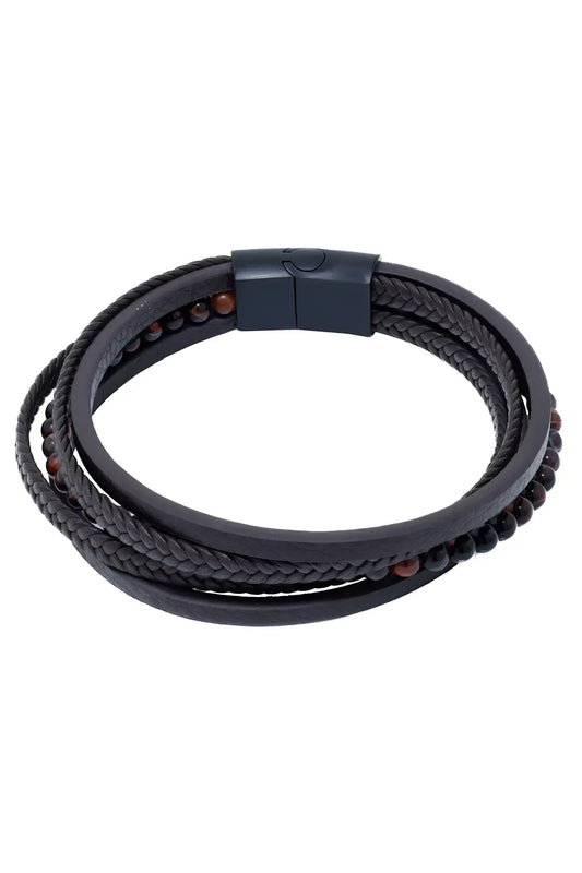 Dandyish Hullabaloo bracelet black braided leather wrap with matte black magnetic clasp and small brown beads