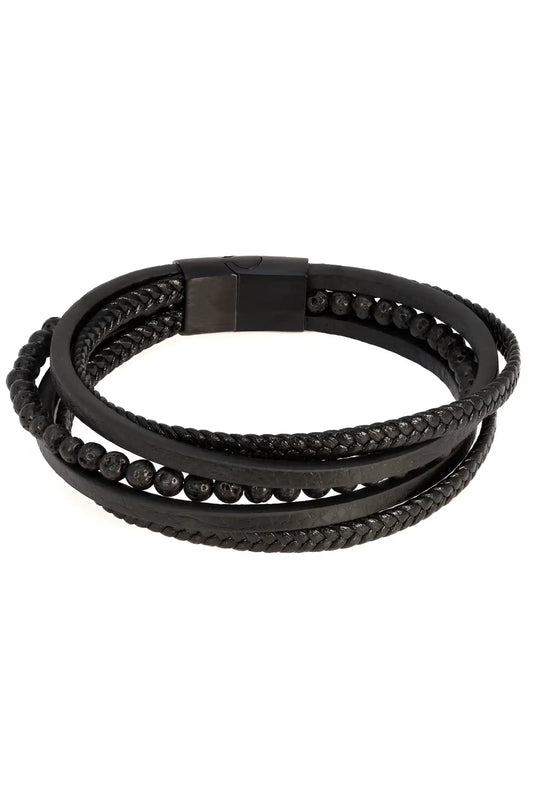 Dandyish whim bracelet black braided leather with magnetic clasp and black beaded detailing for men