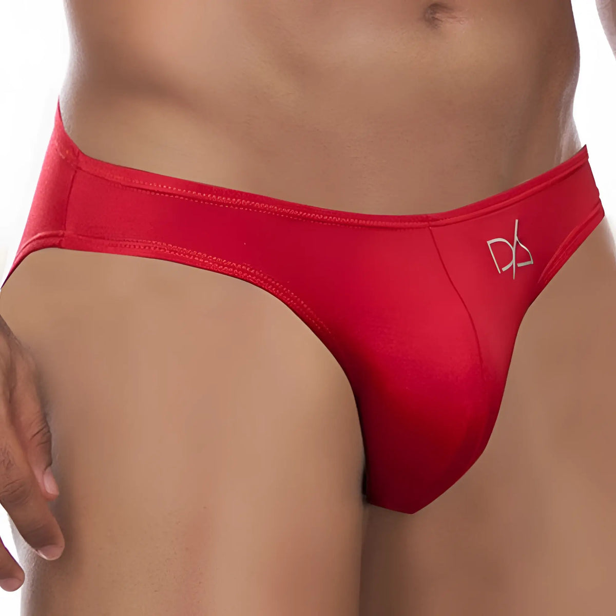 Red menâ€™s Daniel Alexander DA648 bikini brief thong with subtle white logo on the side in soft fabric