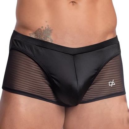 Daniel Alexander DAG009 boxer trunk in black mesh with satin finish vertical ribbing and small white side logo