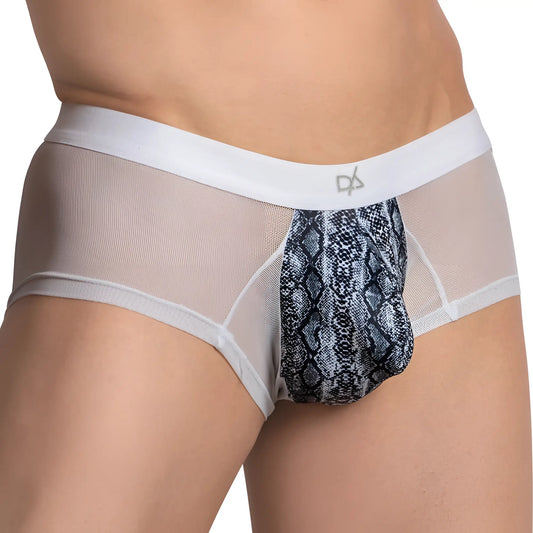 Daniel Alexander DAG011 bikini brief in white mesh with a black and gray snake print panel on the front