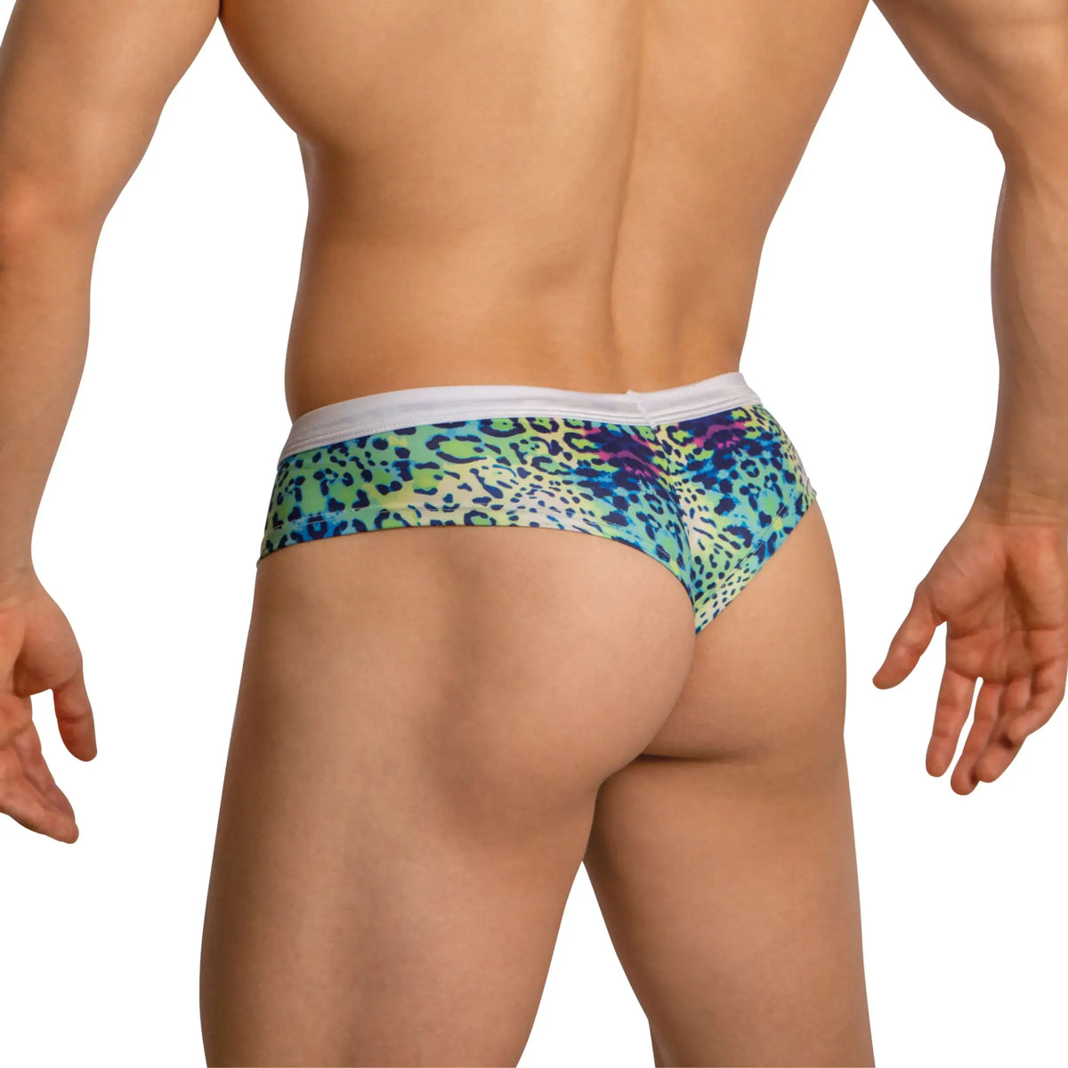 Daniel alexander dag014 boxer brief featuring vibrant blue and green leopard-print thong with white waistband