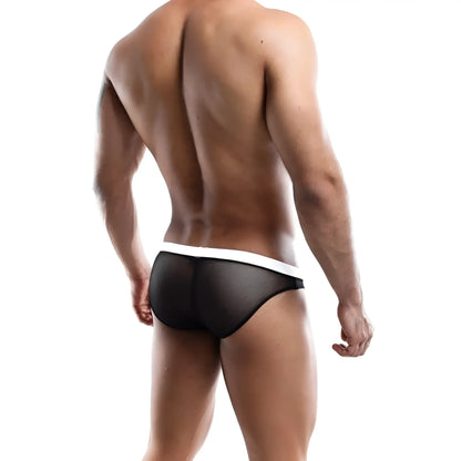 Daniel Alexander DAI039 bikini brief black mesh fabric with white waistband showing front view