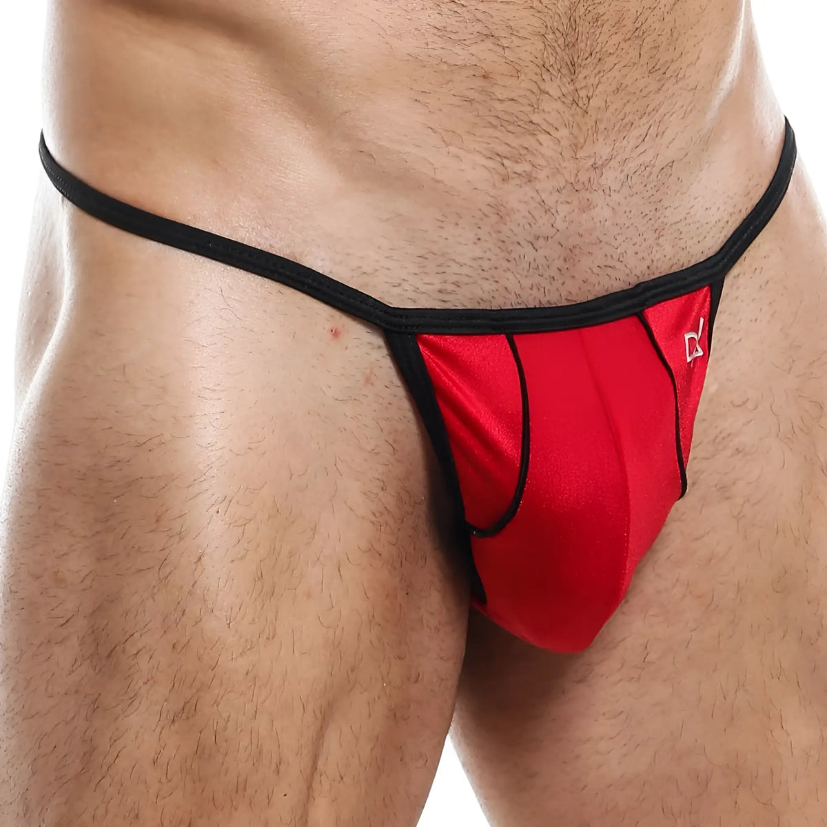 Red satin thong bikini brief with black trim and small white logo on the side by Daniel Alexander DAI057