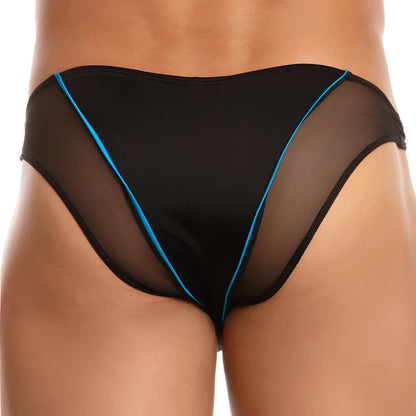 Black sheer mesh thong bikini brief with bold blue trim by daniel alexander showing front side details
