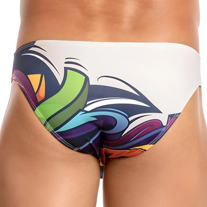 Daniel Alexander DAI065 bikini brief swim trunks with vibrant graffiti print in white navy blue green and purple