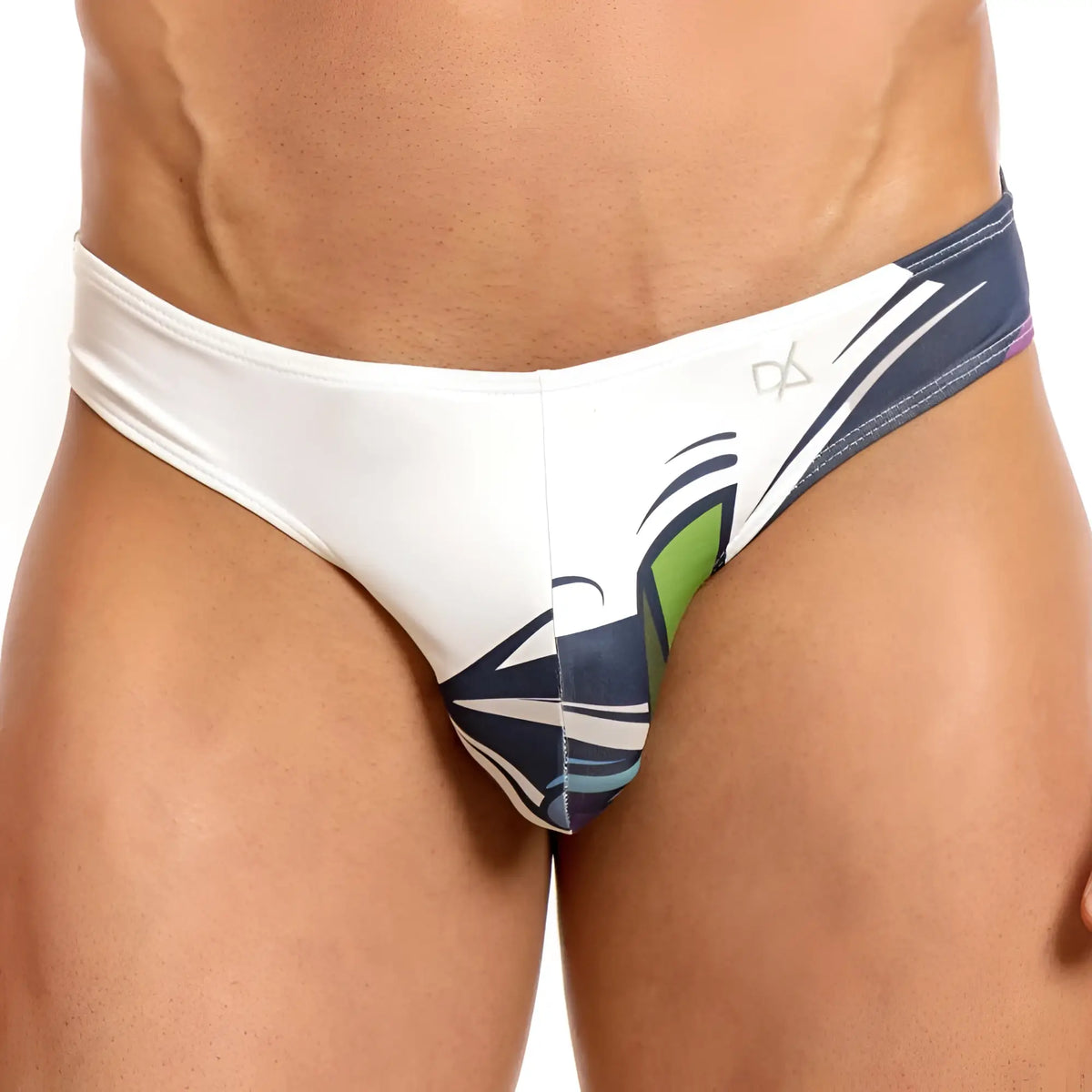 Daniel Alexander DAI065 bikini brief in white and navy blue swim trunks with bold green and white graphic design