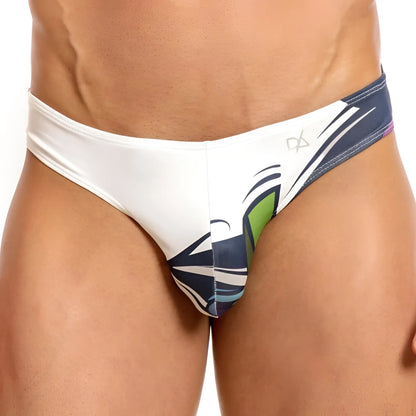 Daniel Alexander DAI065 bikini brief in white and navy blue swim trunks with bold green and white graphic design