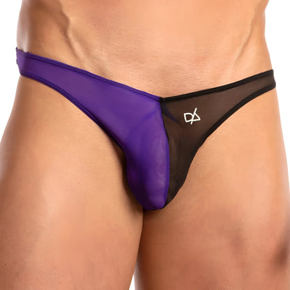 Daniel Alexander DAI066 bikini brief purple and black mesh thong with white logo on the side showing the back view