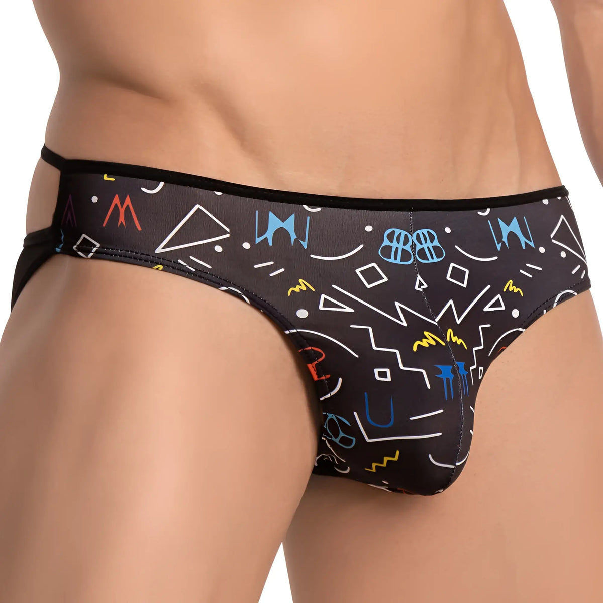 Daniel alexander dai071 bikini brief black with vibrant retro geometric pattern in white blue orange and yellow