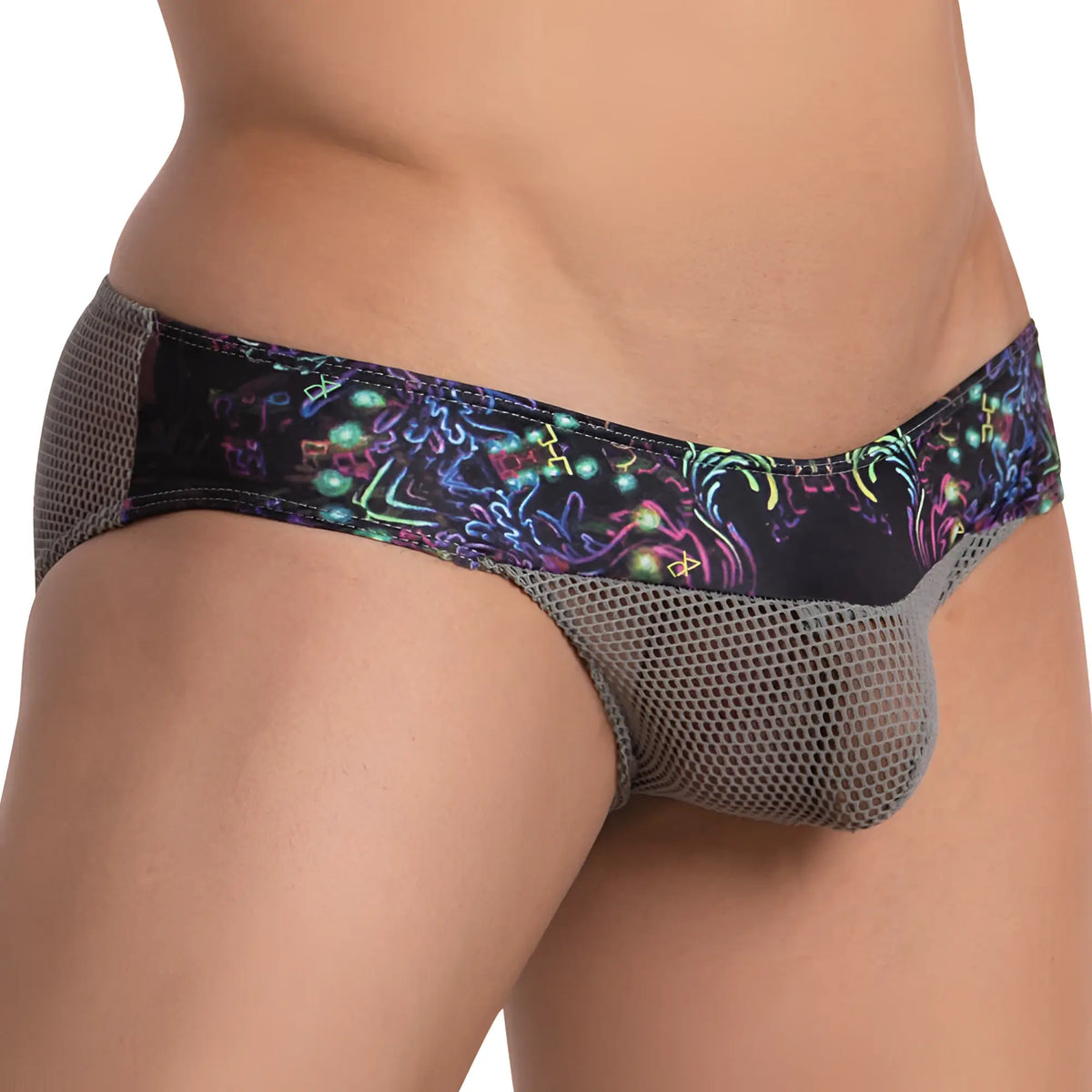 Daniel Alexander DAI073 bikini brief in black and gray mesh with vibrant neon abstract glowing shapes pattern