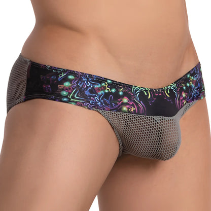 Daniel Alexander DAI073 bikini brief in black and gray mesh with vibrant neon abstract glowing shapes pattern