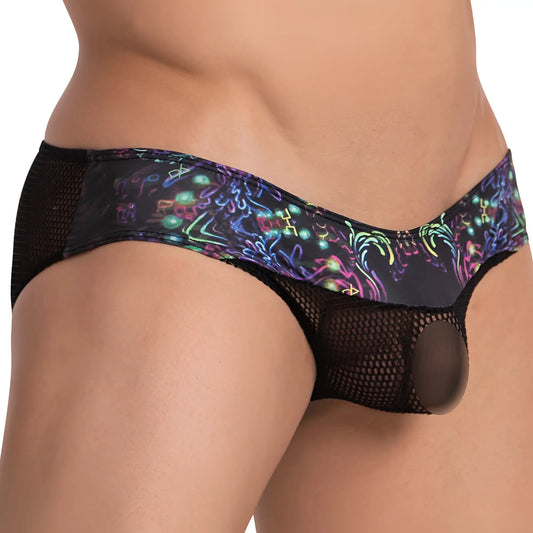 Daniel Alexander DAI073 bikini brief in black mesh with vibrant neon green purple and pink abstract swirls on front