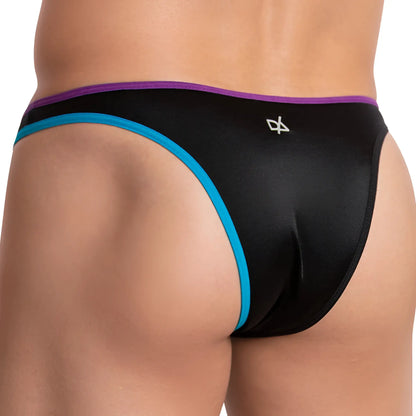 Black menâ€™s thong Daniel Alexander DAI075 bikini brief with vibrant purple and teal trim and satin-like finish