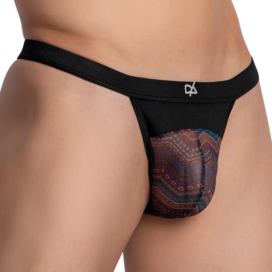 Black thong bikini brief with sheer patterned panel featuring brown and blue geometric designs by daniel alexander