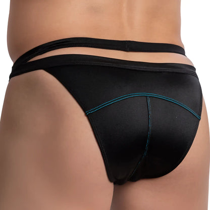 Daniel Alexander DAI086 bikini brief in black satin with teal stitching along the seams shown from the back side