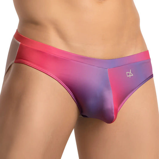 Daniel Alexander DAI093 bikini brief in vibrant pink to purple satin with a subtle silver logo on the hip