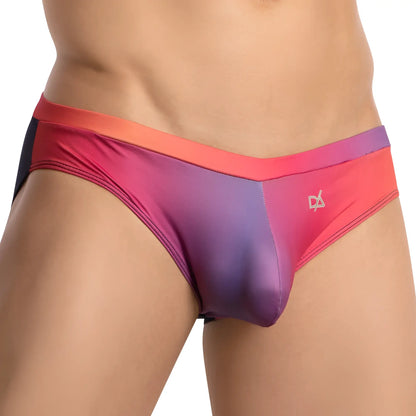 Daniel alexander dai093 bikini brief swim trunks with vibrant pink and purple gradient and black side panel with logo