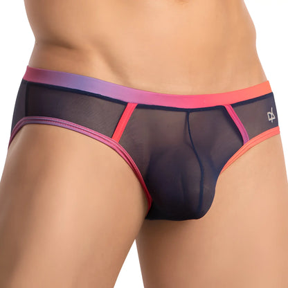Daniel Alexander DAI094 bikini brief featuring black mesh material with vibrant pink and purple trim
