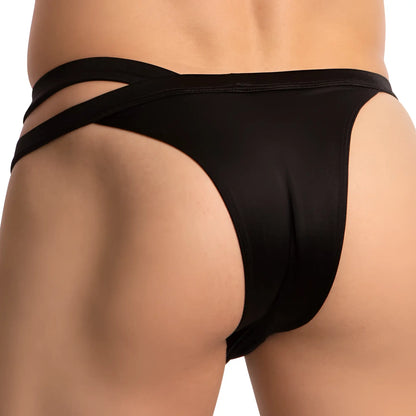 Black satin daniel alexander dai095 bikini brief showing the back with a distinctive crisscross design