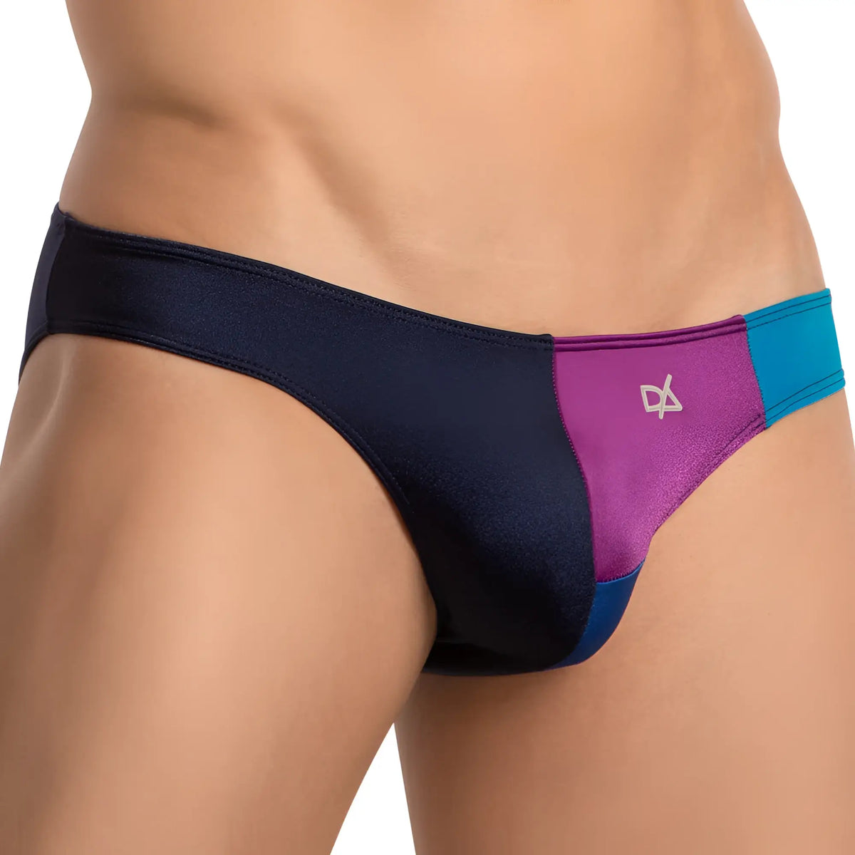 Daniel Alexander DAI096 bikini brief swim trunks in navy blue purple and teal color block with subtle side logo
