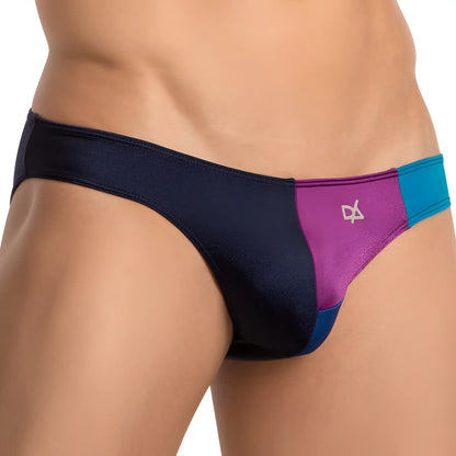 Daniel Alexander DAI096 bikini brief swim trunks in navy blue purple and teal color block with subtle side logo