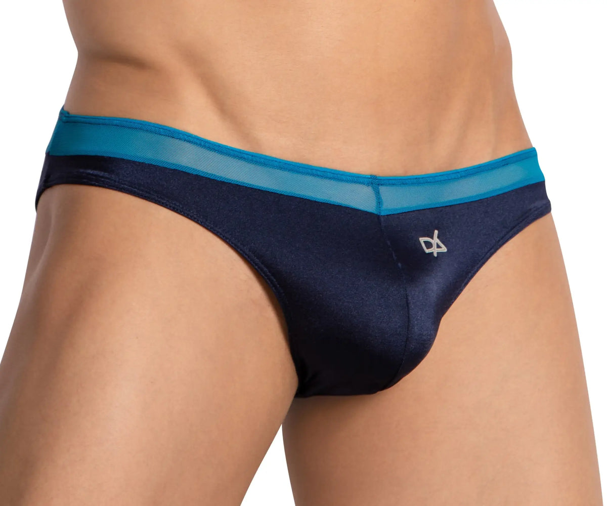 Navy blue satin Daniel Alexander DAI097 bikini briefs with turquoise mesh waistband and small white front logo
