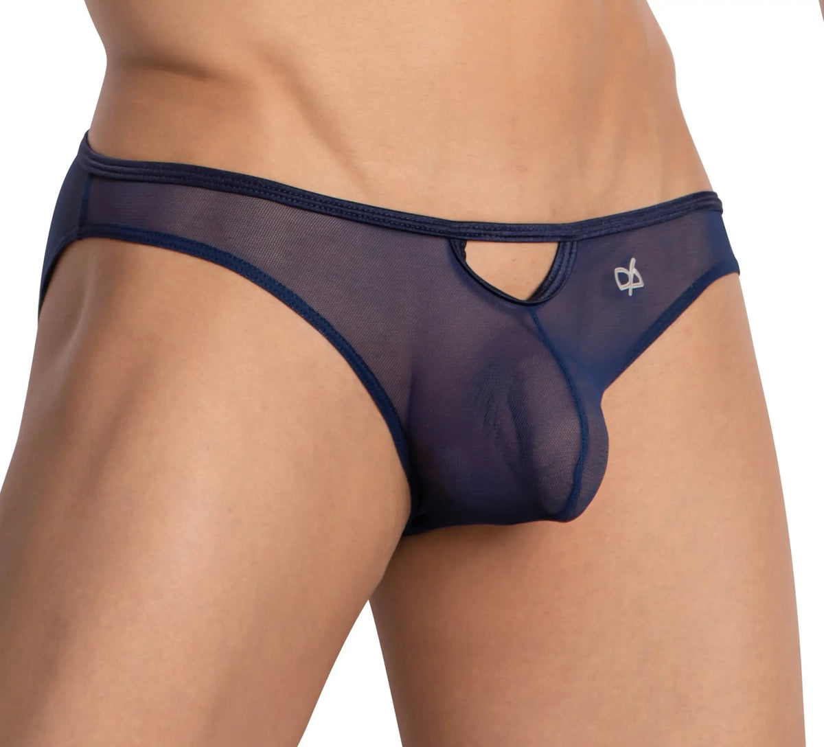 Navy blue sheer mesh Daniel Alexander DAI099 bikini briefs with cutout detail and small white logo on the side