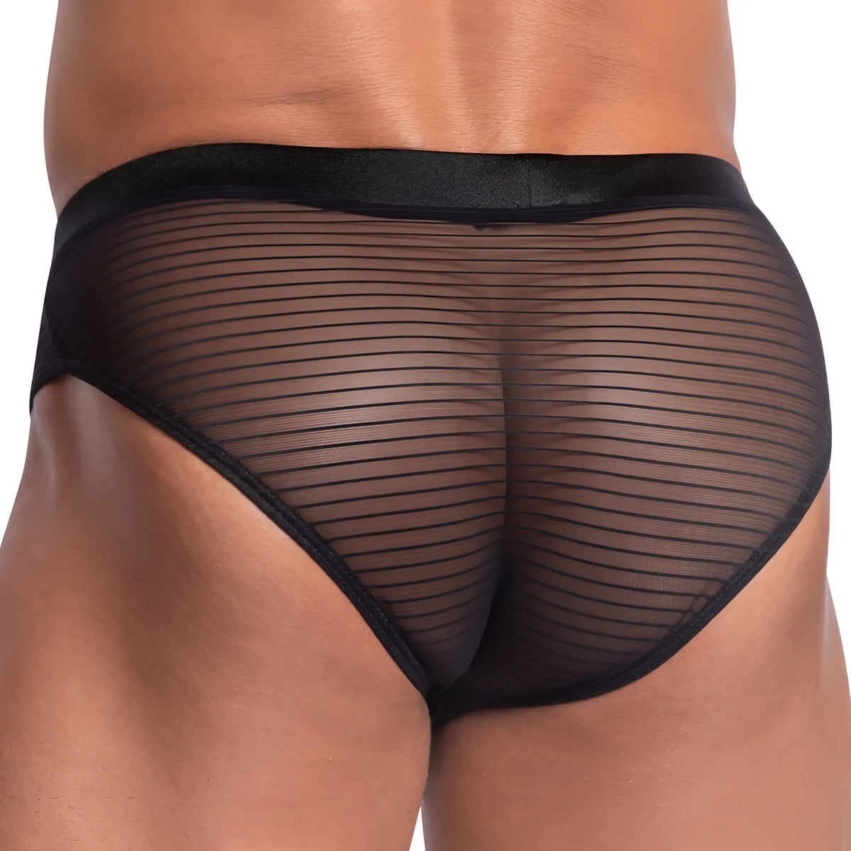 Daniel Alexander DAJ013 brief in black sheer mesh with satin waistband for elegant lingerie wear