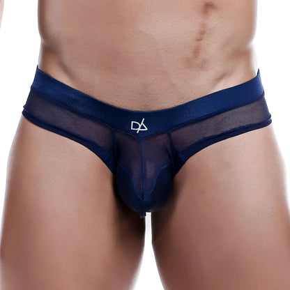 Dark blue sheer mesh briefs with solid navy waistband and white daniel alexander logo in dak027 thong design