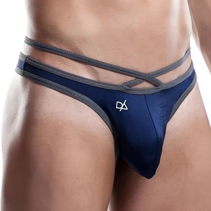 Navy blue daniel alexander DAK036 menâ€™s thong with gray crisscross straps and white logo on the front