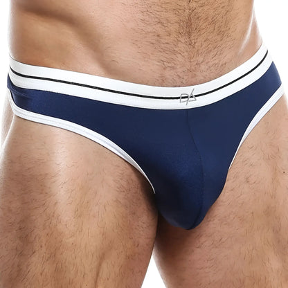 Navy blue Daniel Alexander DAK043 thong briefs with white trim black striped waistband and subtle da logo front view