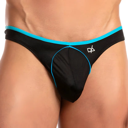 Black thong with vibrant turquoise trim and white daniel alexander logo on the hip showing the back side