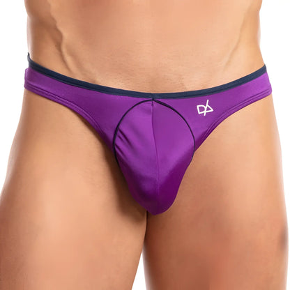 Purple satin Daniel Alexander DAK050 thong with navy trim and white logo on the hip showing the back side