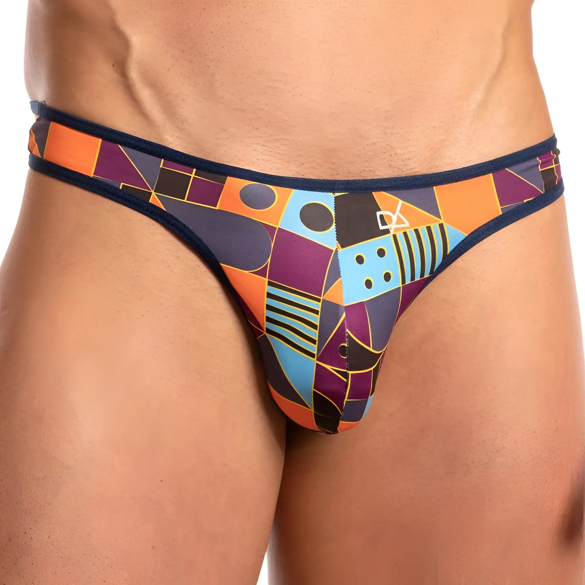 Daniel Alexander DAK051 thong vibrant geometric patterned menâ€™s briefs in orange purple and blue with navy trim