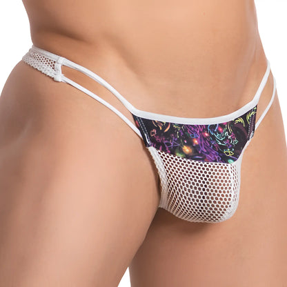 Daniel Alexander DAK056 white mesh thong with vibrant colorful cosmic pattern on the front panel