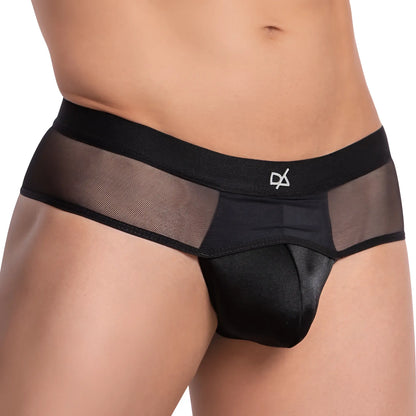 Black mesh and satin briefs thong with a sleek modern design by Daniel Alexander DAK062 show front view