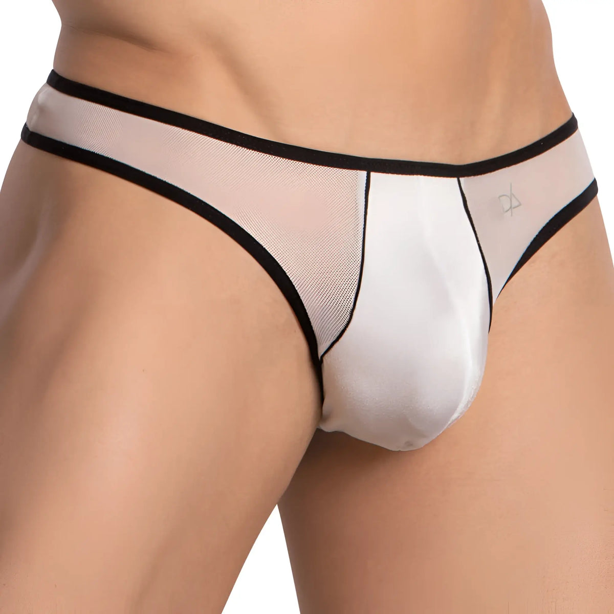 White mesh thong with black trim and subtle logo on the side by Daniel Alexander DAK073 for comfortable wear