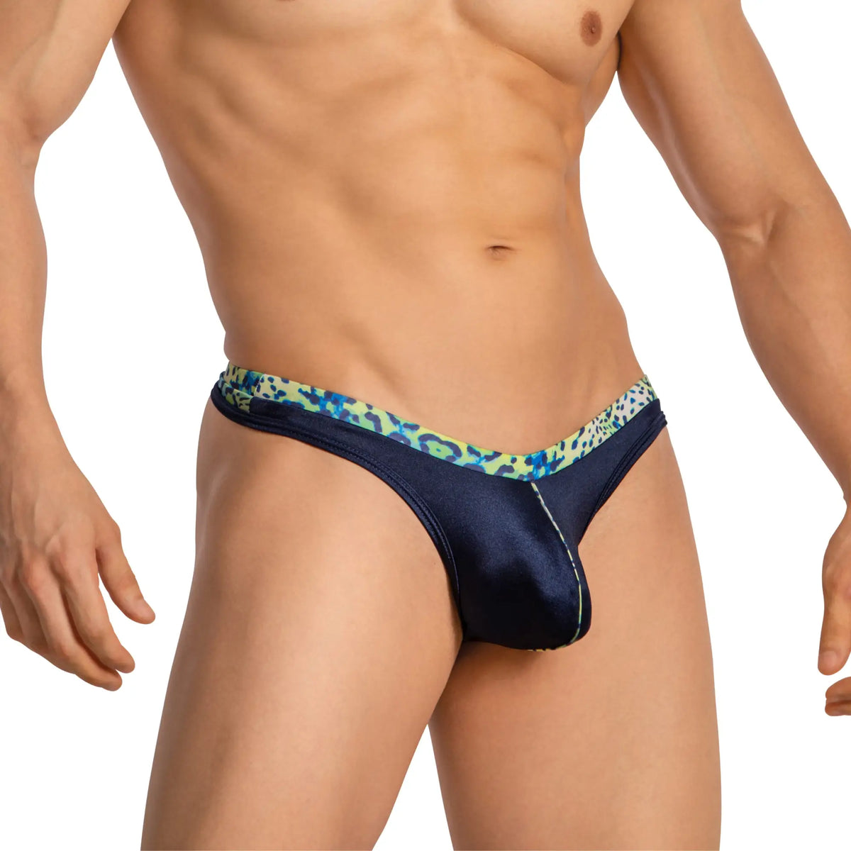 Navy blue satin thong with vibrant green and black leopard print waistband Daniel Alexander DAL053 G-string front view