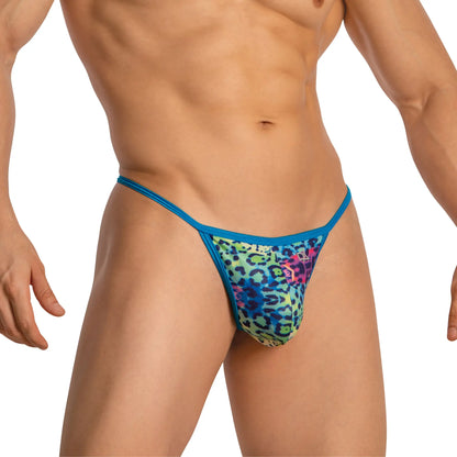 Daniel Alexander DAL055 g-string with vibrant blue and green leopard print and pink floral accents thong front view