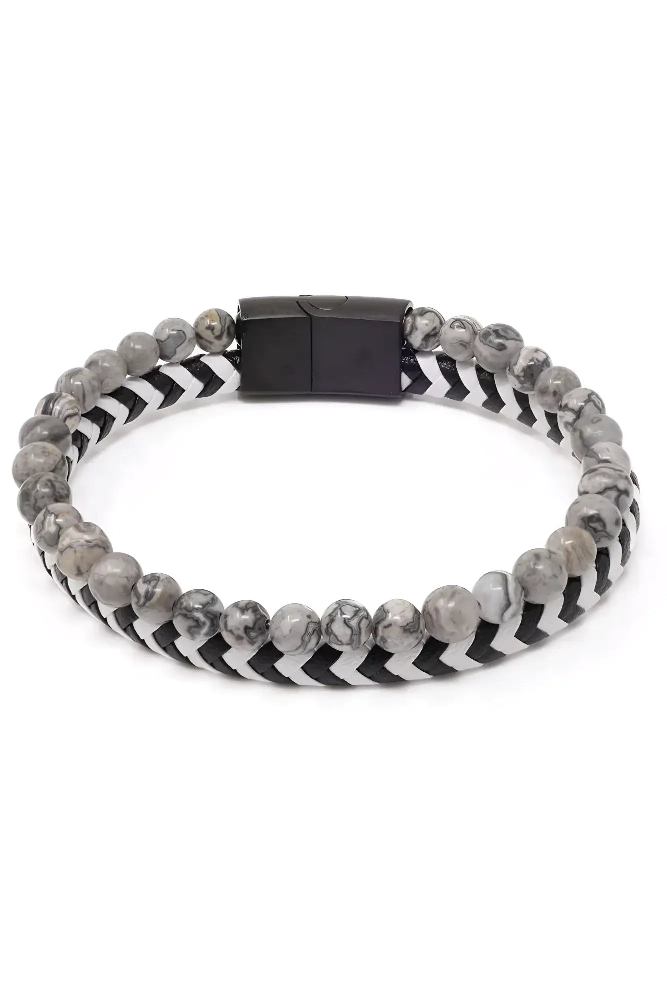 Daper fad bracelet with black and gray marbled stone beads woven with black and white chevron cord and black magnetic clasp
