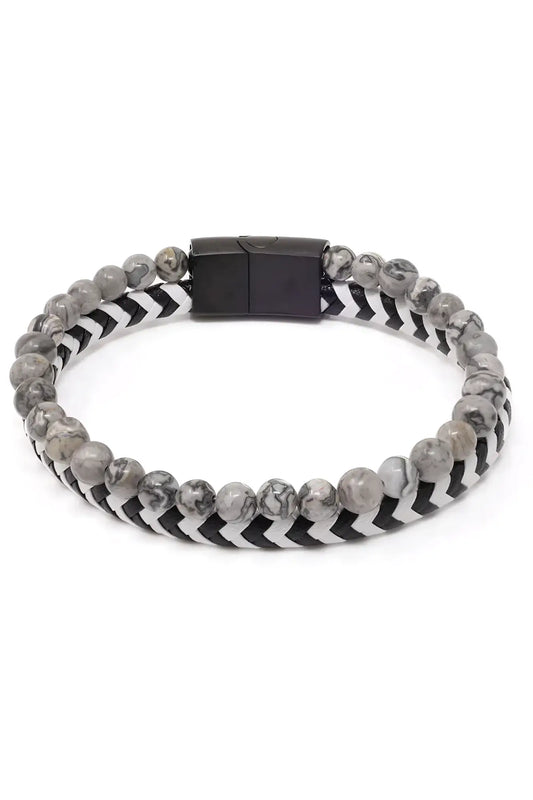 Daper fad bracelet with black and gray marbled stone beads woven with black and white chevron cord and black magnetic clasp