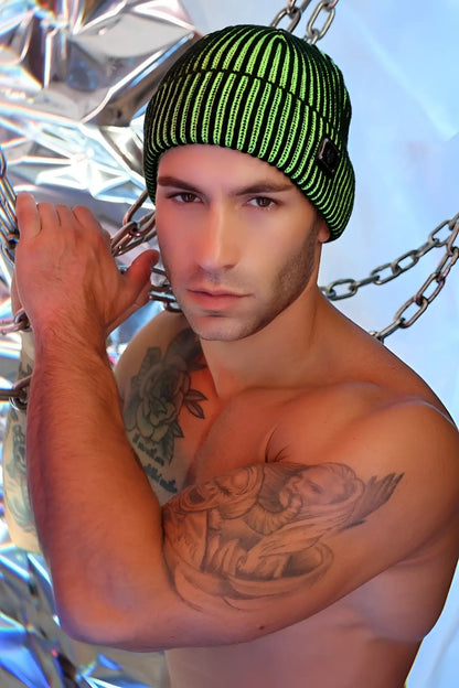 Darkroom rib beanie in green and black stripes knit for warm casual wear