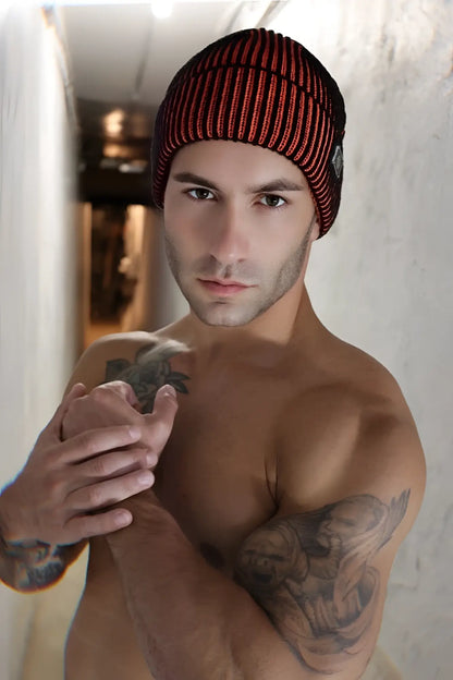 Darkroom rib beanie red and black striped knit hat warm winter accessory