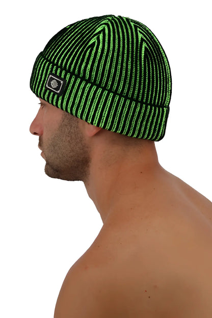 Darkroom rib beanie with vibrant neon green and black stripes knit with a ribbed cuff for warm wear