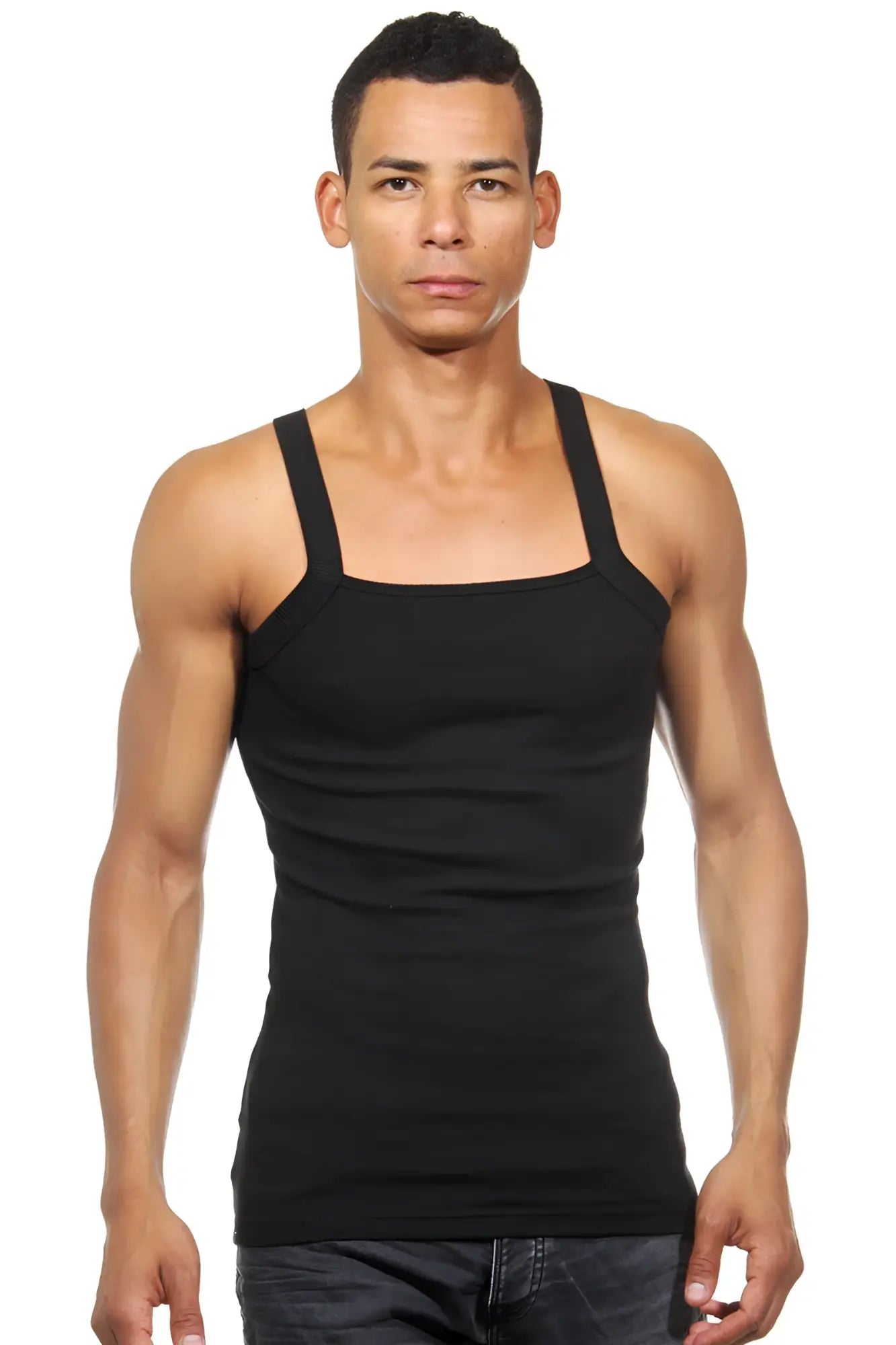 Black sleeveless ribbed tank top with square neckline and thin straps by Darkzone size S for casual wear