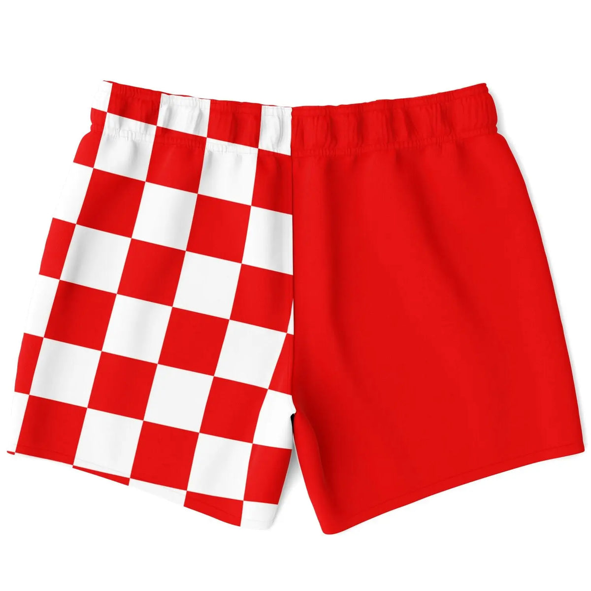 Red and white checkered men's swim shorts by Maris Equi featuring an elastic waistband and a vibrant nautical design.