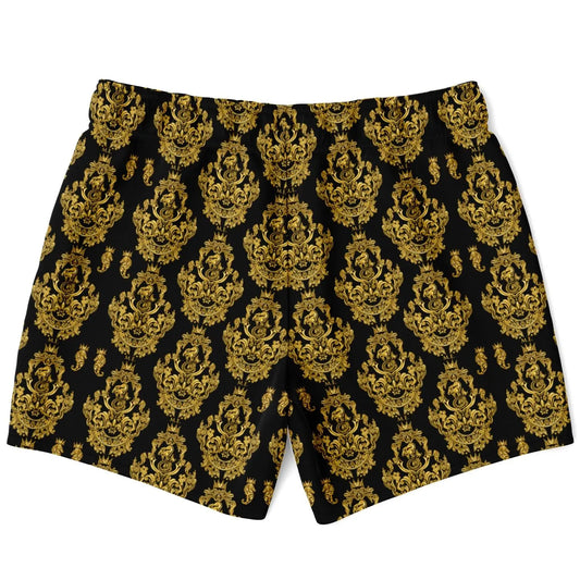 Men's swim shorts by Maris Equi featuring a black background with a gold baroque pattern elastic waistband and relaxed fit.